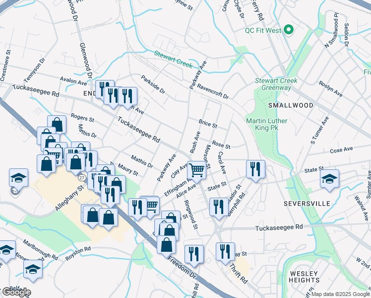 map of restaurants, bars, coffee shops, grocery stores, and more near 2919 Rush Avenue in Charlotte