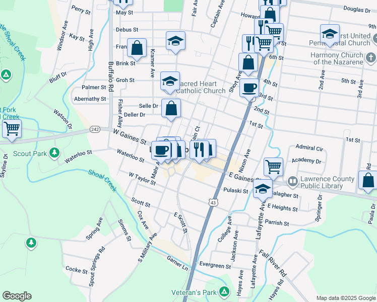 map of restaurants, bars, coffee shops, grocery stores, and more near 212 Fain Court in Lawrenceburg
