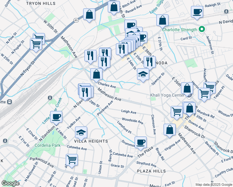 map of restaurants, bars, coffee shops, grocery stores, and more near 2612 Pinckney Avenue in Charlotte