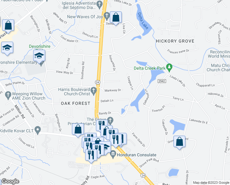 map of restaurants, bars, coffee shops, grocery stores, and more near 7116 Markway Drive in Charlotte