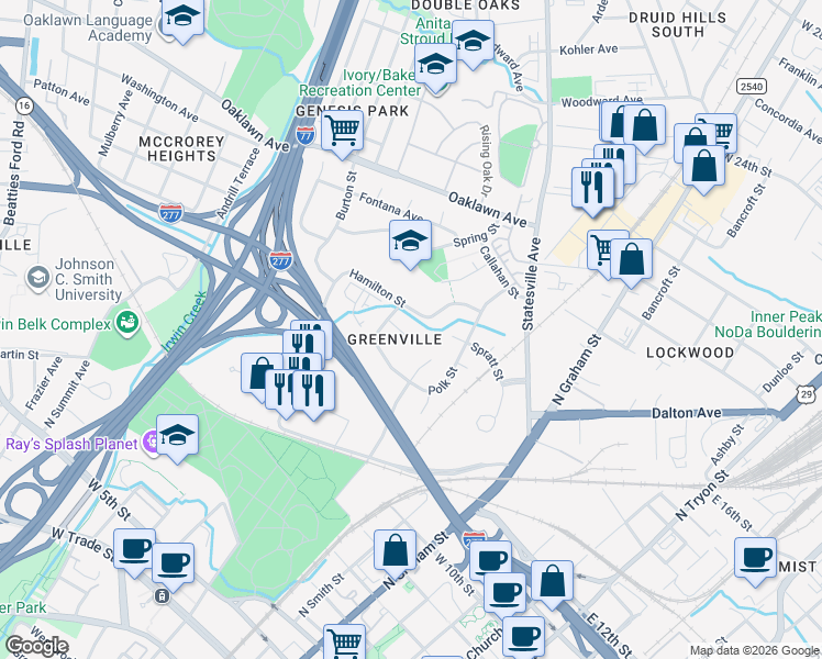 map of restaurants, bars, coffee shops, grocery stores, and more near 911 Canton Place in Charlotte