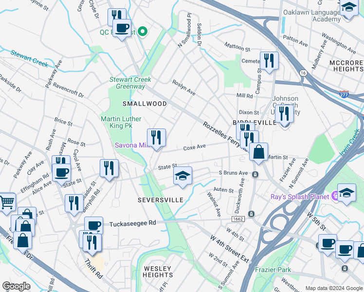 map of restaurants, bars, coffee shops, grocery stores, and more near 416 Coxe Avenue in Charlotte