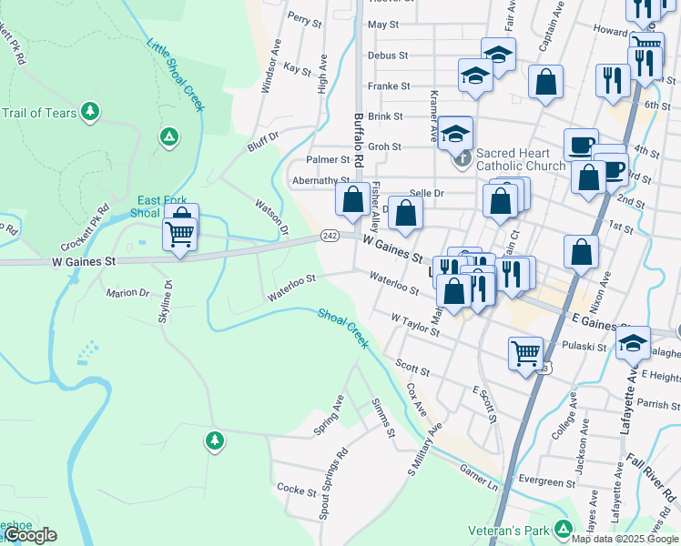 map of restaurants, bars, coffee shops, grocery stores, and more near Waterloo Street in Lawrenceburg