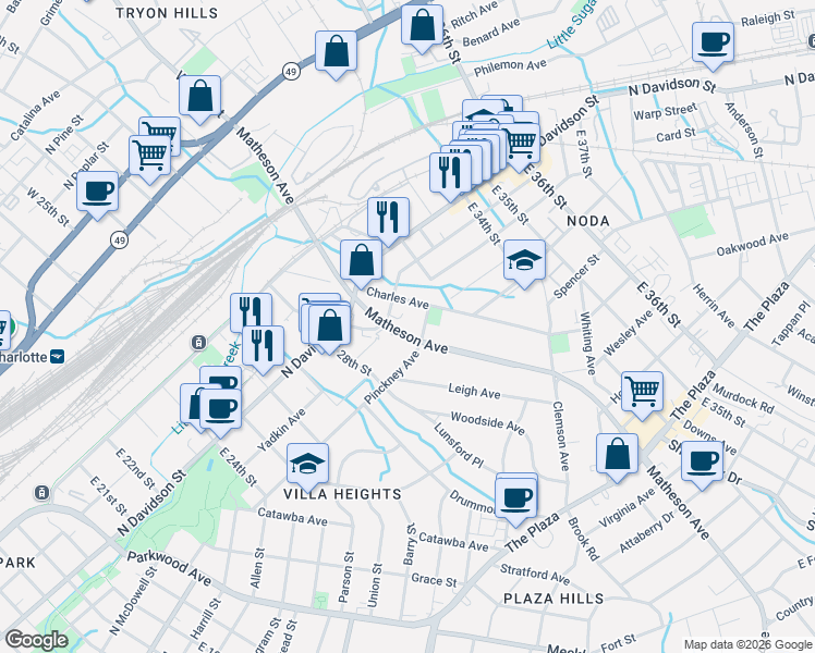 map of restaurants, bars, coffee shops, grocery stores, and more near 709 Matheson Avenue in Charlotte