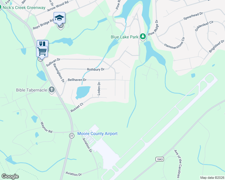 map of restaurants, bars, coffee shops, grocery stores, and more near 140 Crimson Court in Whispering Pines