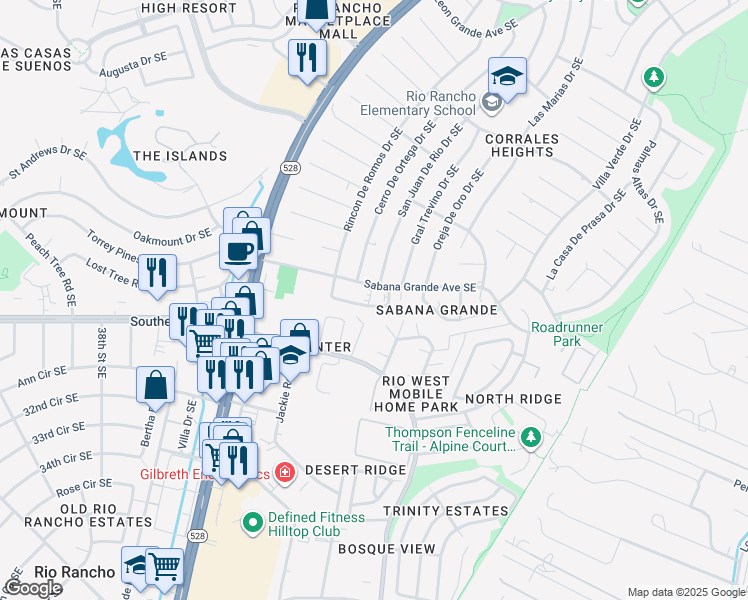 map of restaurants, bars, coffee shops, grocery stores, and more near 4327 Sabana Loop Southeast in Rio Rancho