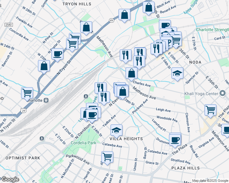 map of restaurants, bars, coffee shops, grocery stores, and more near 510 Jordan Place in Charlotte