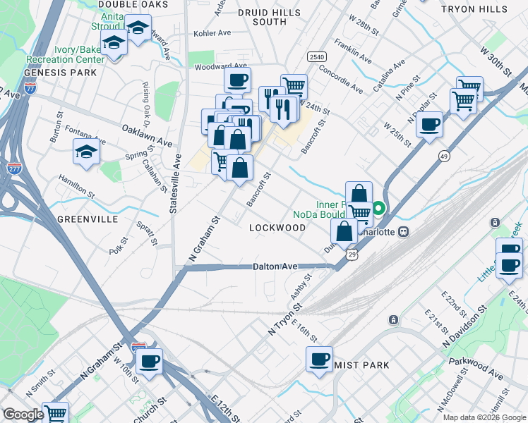 map of restaurants, bars, coffee shops, grocery stores, and more near 411 Sylvania Avenue in Charlotte