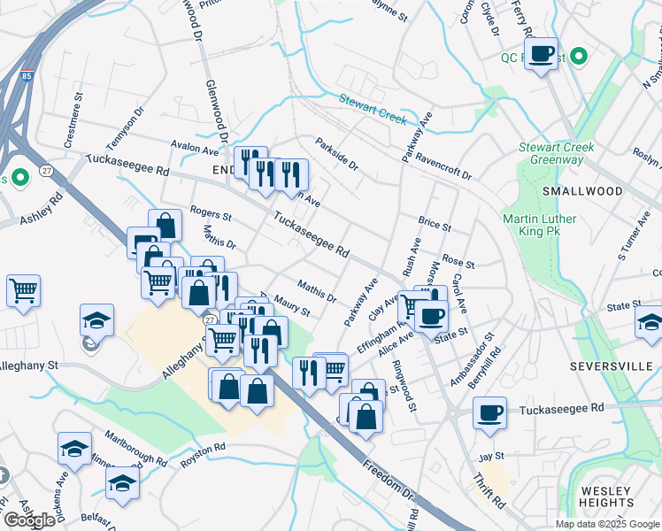map of restaurants, bars, coffee shops, grocery stores, and more near 3109 Tuckaseegee Road in Charlotte