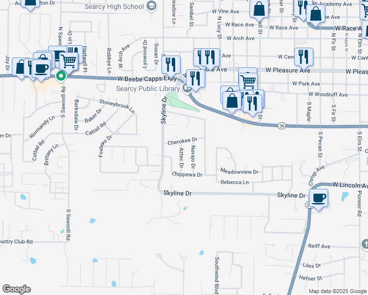 map of restaurants, bars, coffee shops, grocery stores, and more near 202 Aztec Drive in Searcy