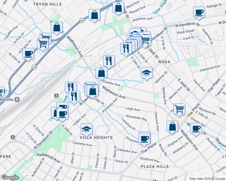 map of restaurants, bars, coffee shops, grocery stores, and more near 709 Matheson Avenue in Charlotte