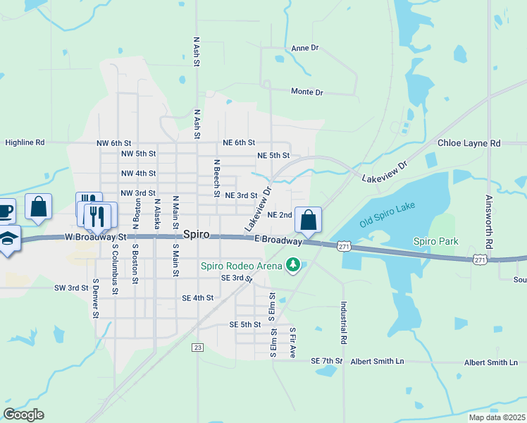 map of restaurants, bars, coffee shops, grocery stores, and more near 505 Northeast 2nd Street in Spiro
