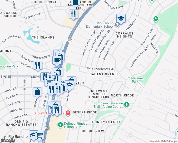 map of restaurants, bars, coffee shops, grocery stores, and more near 4327 Sabana Loop Southeast in Rio Rancho