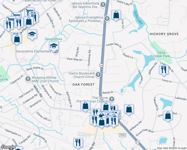 map of restaurants, bars, coffee shops, grocery stores, and more near 6920 Markway Drive in Charlotte