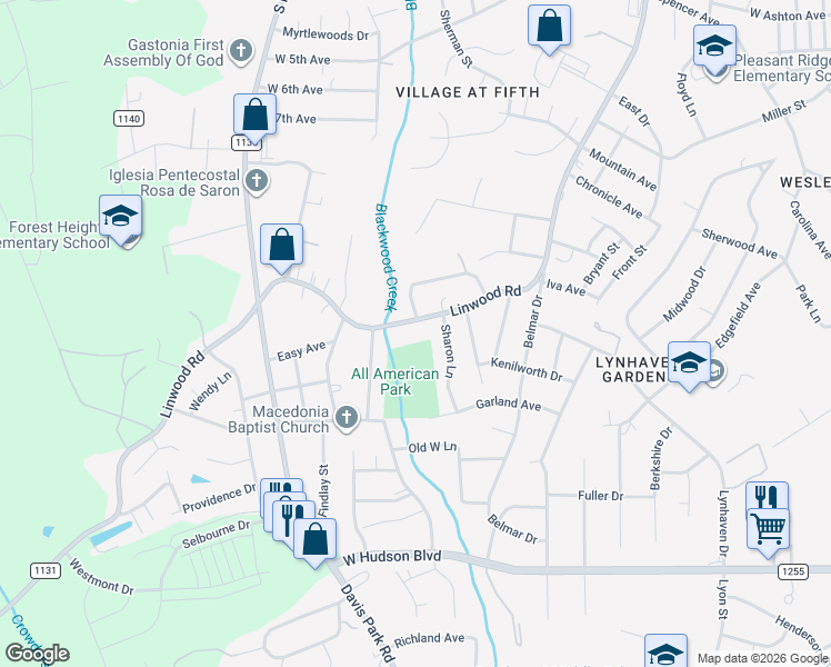 map of restaurants, bars, coffee shops, grocery stores, and more near 1929 Linwood Road in Gastonia
