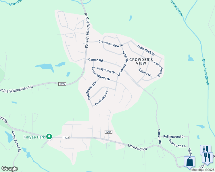 map of restaurants, bars, coffee shops, grocery stores, and more near 1304 Shady Oak Trail in Gastonia