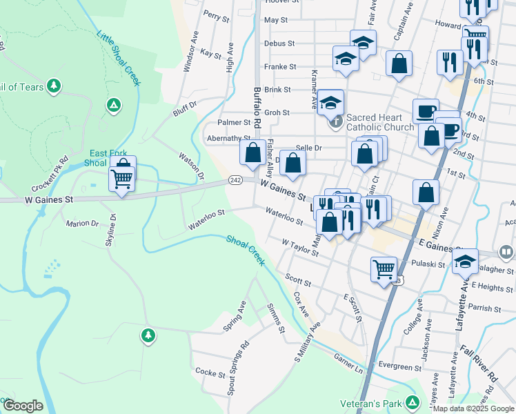 map of restaurants, bars, coffee shops, grocery stores, and more near Waterloo Street in Lawrenceburg