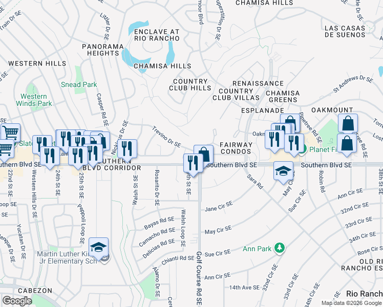 map of restaurants, bars, coffee shops, grocery stores, and more near 2900 Trevino Drive Southeast in Rio Rancho