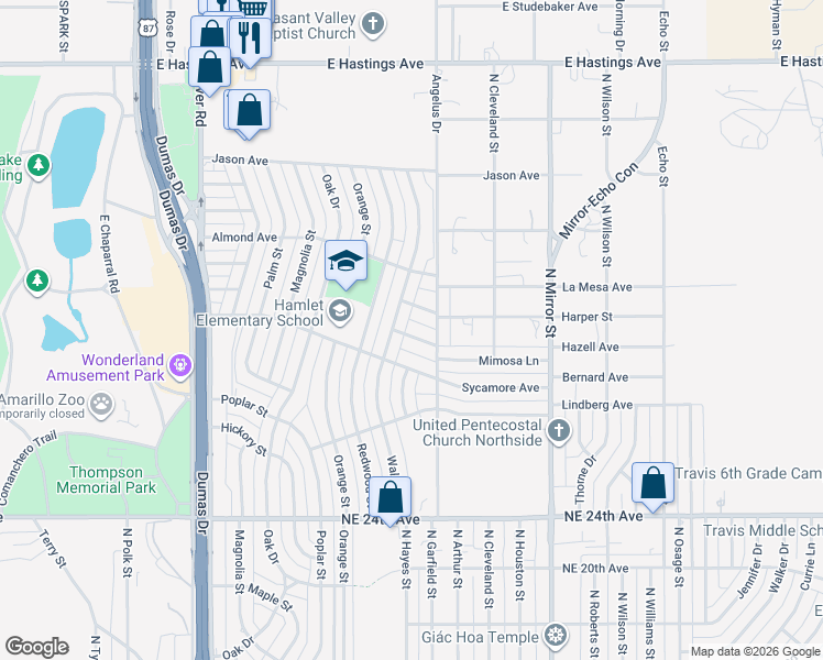 map of restaurants, bars, coffee shops, grocery stores, and more near 1007 Mimosa Lane in Amarillo