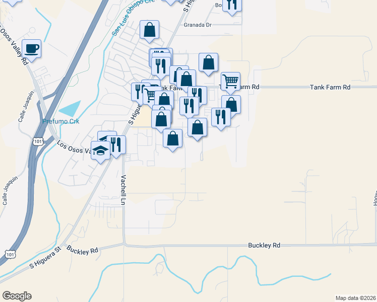 map of restaurants, bars, coffee shops, grocery stores, and more near 4140 Earthwood Lane in San Luis Obispo