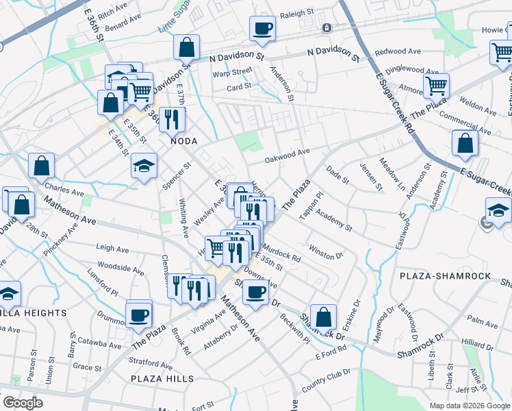 map of restaurants, bars, coffee shops, grocery stores, and more near 3314 Holt Street in Charlotte