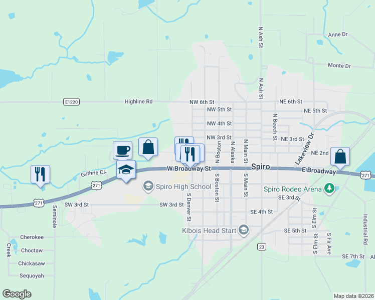map of restaurants, bars, coffee shops, grocery stores, and more near 506 Northwest 2nd Street in Spiro