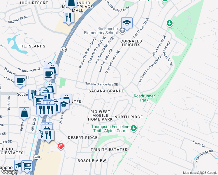 map of restaurants, bars, coffee shops, grocery stores, and more near 908 Benjamin Court Southeast in Rio Rancho