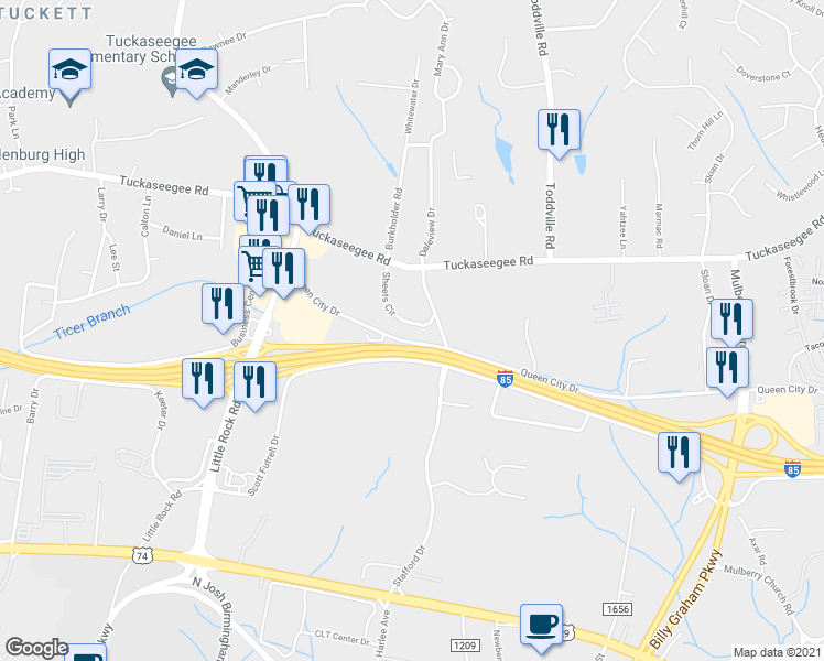 map of restaurants, bars, coffee shops, grocery stores, and more near 3021 Sheets Circle in Charlotte