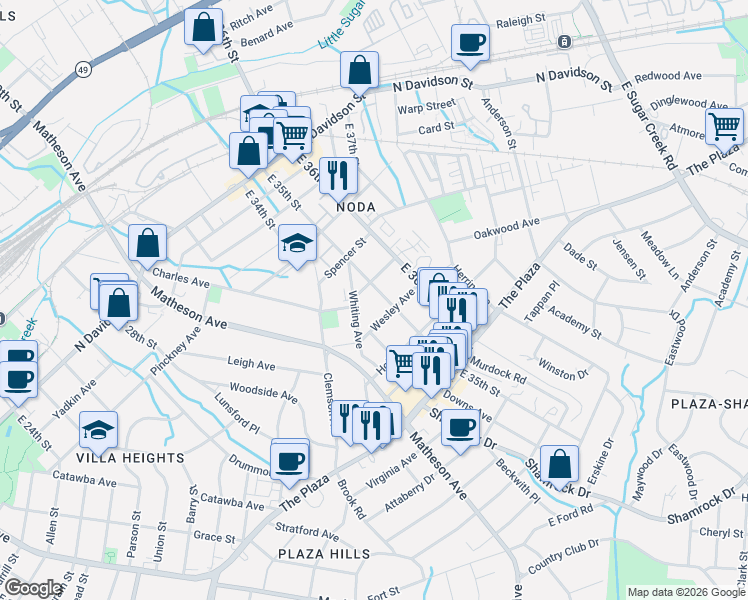 map of restaurants, bars, coffee shops, grocery stores, and more near 1019 East 35th Street in Charlotte