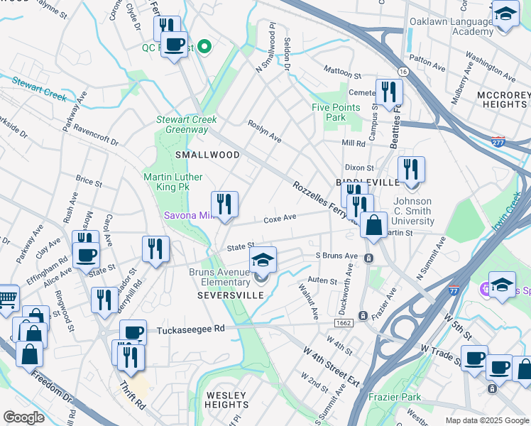 map of restaurants, bars, coffee shops, grocery stores, and more near 410 Coxe Avenue in Charlotte