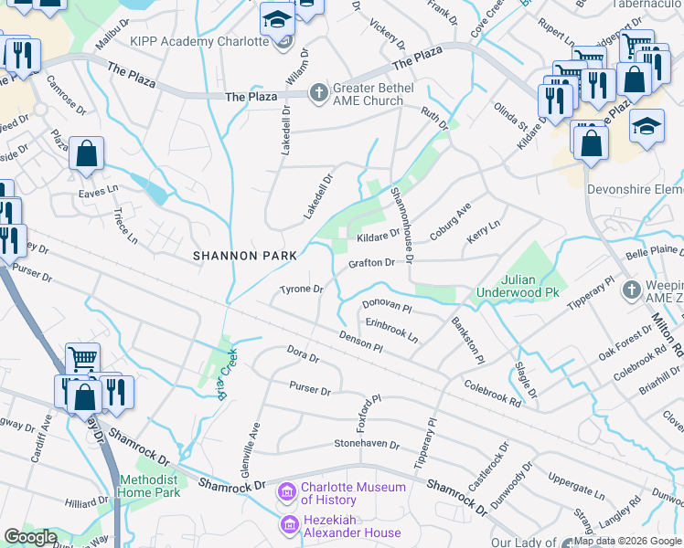 map of restaurants, bars, coffee shops, grocery stores, and more near 5118 Grafton Drive in Charlotte