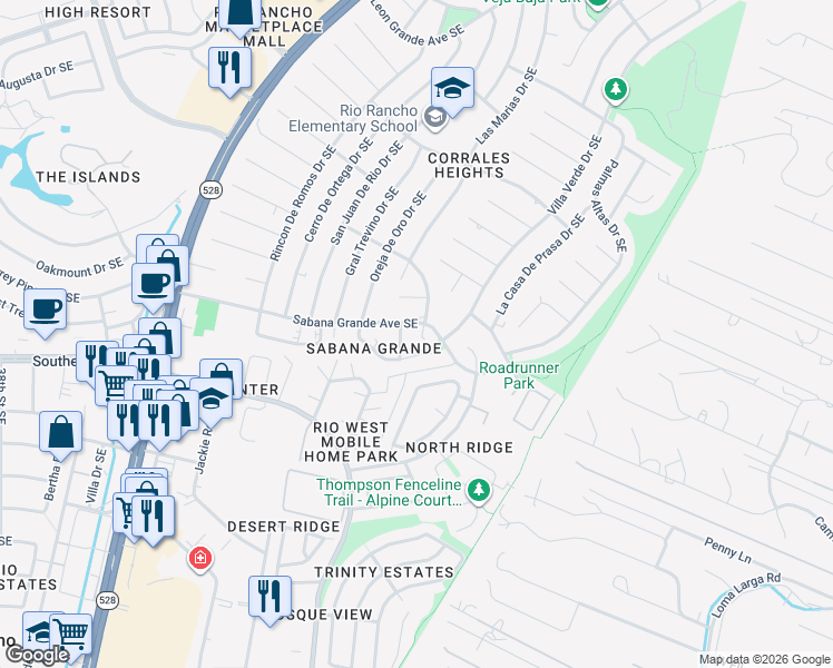 map of restaurants, bars, coffee shops, grocery stores, and more near 900 Los Reyes Court Southeast in Rio Rancho