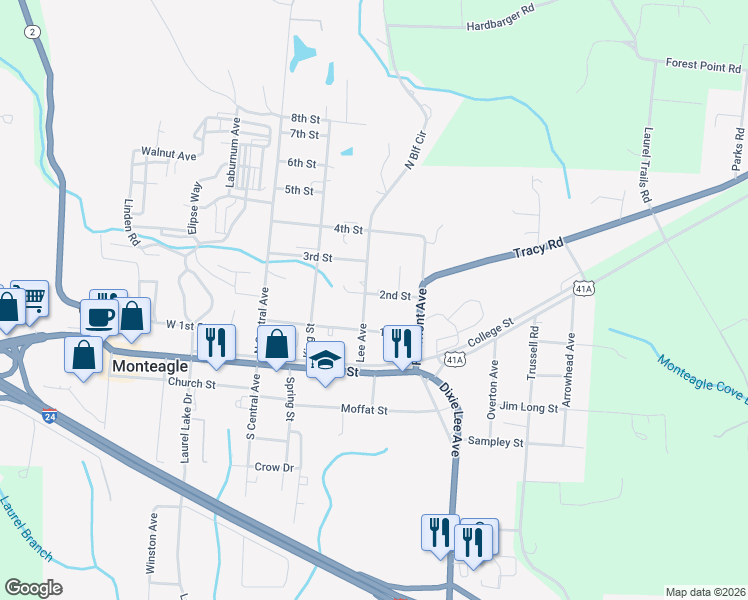 map of restaurants, bars, coffee shops, grocery stores, and more near 105 2nd Street in Monteagle