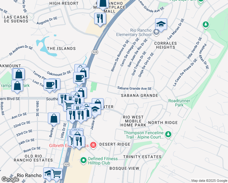 map of restaurants, bars, coffee shops, grocery stores, and more near 4253 Sabana Loop Southeast in Rio Rancho