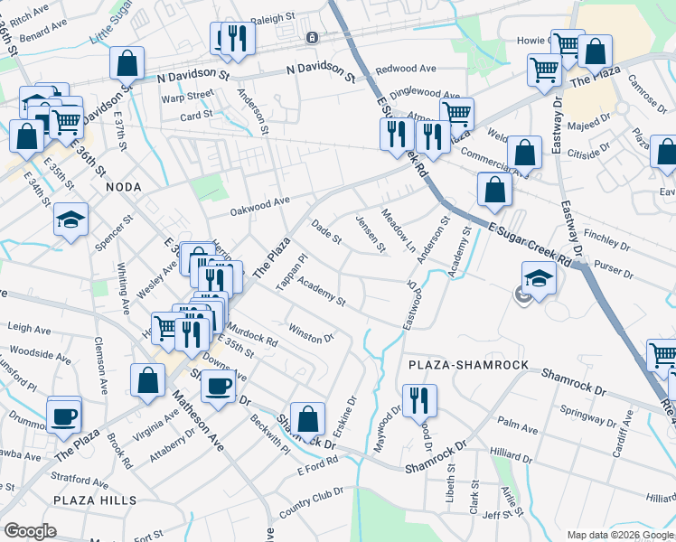 map of restaurants, bars, coffee shops, grocery stores, and more near in Charlotte