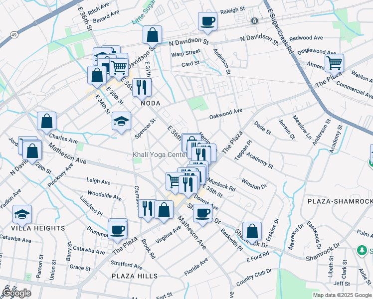map of restaurants, bars, coffee shops, grocery stores, and more near 1108 East 36th Street in Charlotte