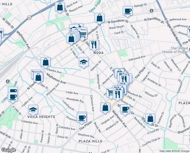 map of restaurants, bars, coffee shops, grocery stores, and more near in Charlotte