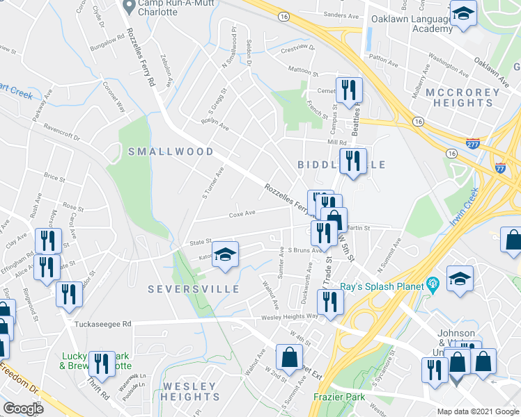 map of restaurants, bars, coffee shops, grocery stores, and more near 232 Coxe Avenue in Charlotte