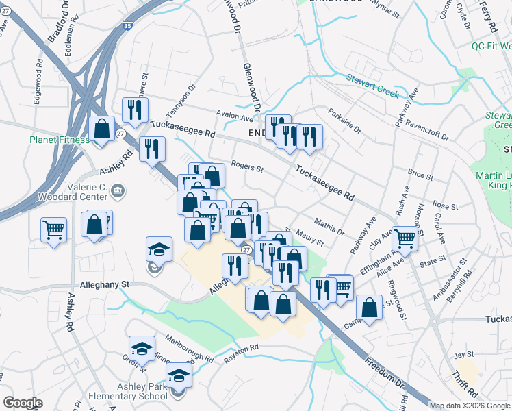 map of restaurants, bars, coffee shops, grocery stores, and more near 3410 Bonaire Drive in Charlotte