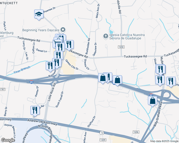 map of restaurants, bars, coffee shops, grocery stores, and more near 3021 Sheets Circle in Charlotte