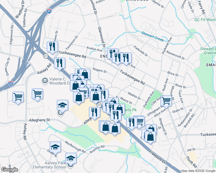map of restaurants, bars, coffee shops, grocery stores, and more near 3308 Credenza Road in Charlotte