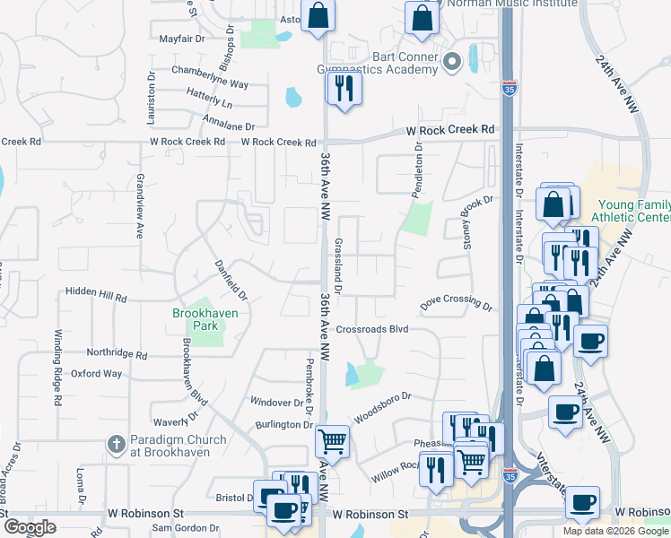 map of restaurants, bars, coffee shops, grocery stores, and more near 1928 Grassland Drive in Norman