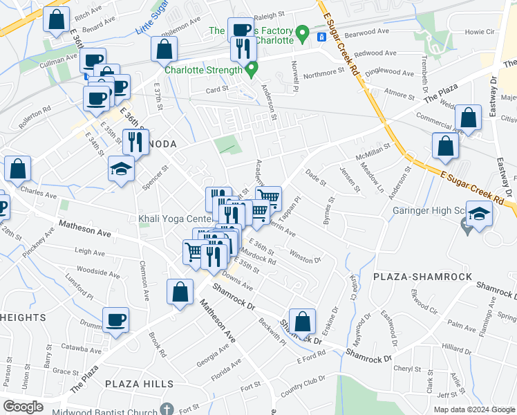 map of restaurants, bars, coffee shops, grocery stores, and more near 3401 The Plaza in Charlotte