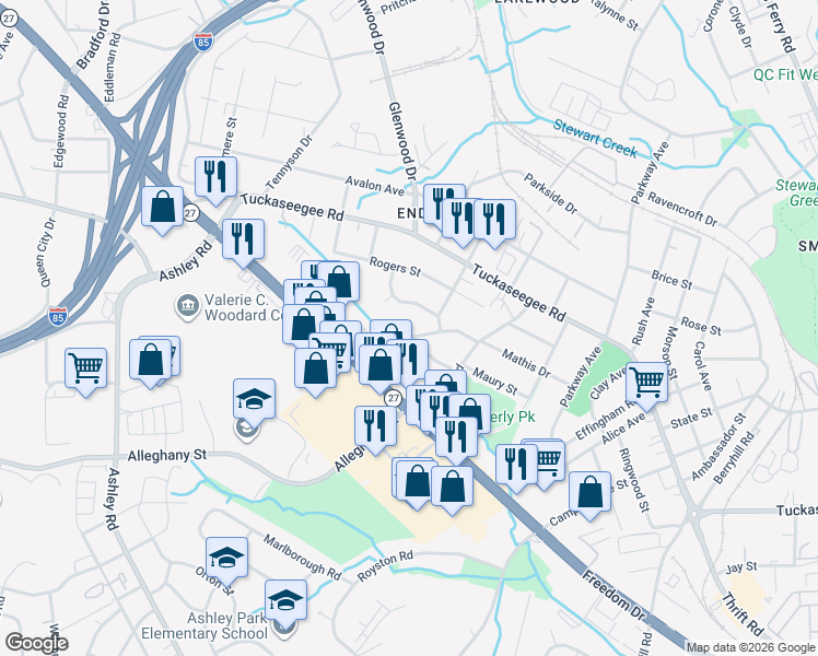 map of restaurants, bars, coffee shops, grocery stores, and more near 3400 Bonaire Drive in Charlotte