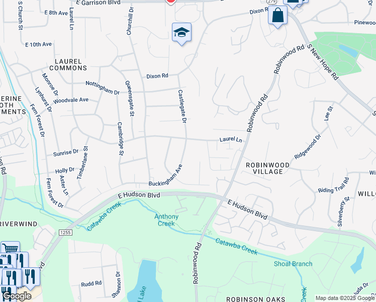map of restaurants, bars, coffee shops, grocery stores, and more near 1653 Buckingham Avenue in Gastonia
