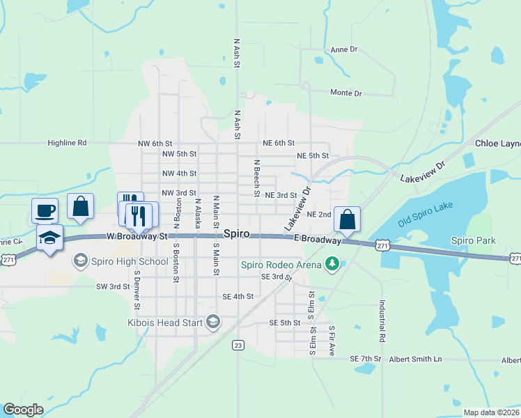 map of restaurants, bars, coffee shops, grocery stores, and more near 301 Northeast 2nd Street in Spiro