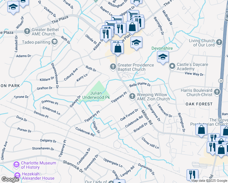 map of restaurants, bars, coffee shops, grocery stores, and more near 2100 Milton Road in Charlotte