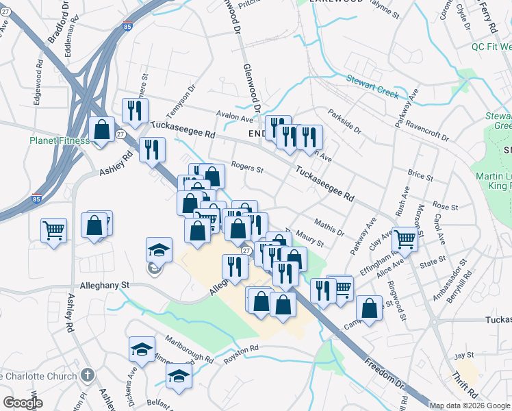 map of restaurants, bars, coffee shops, grocery stores, and more near 3410 Bonaire Drive in Charlotte