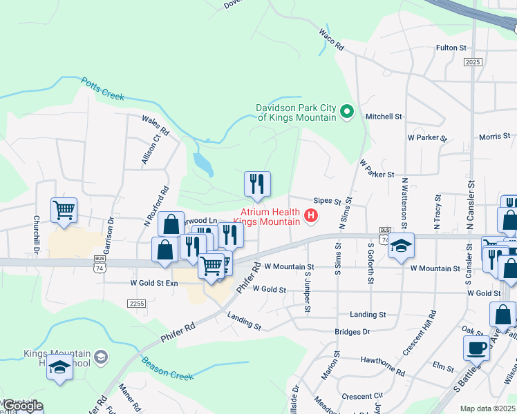 map of restaurants, bars, coffee shops, grocery stores, and more near 109 Country Club Road in Kings Mountain