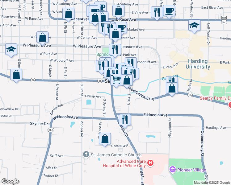 map of restaurants, bars, coffee shops, grocery stores, and more near 702 South Main Street in Searcy